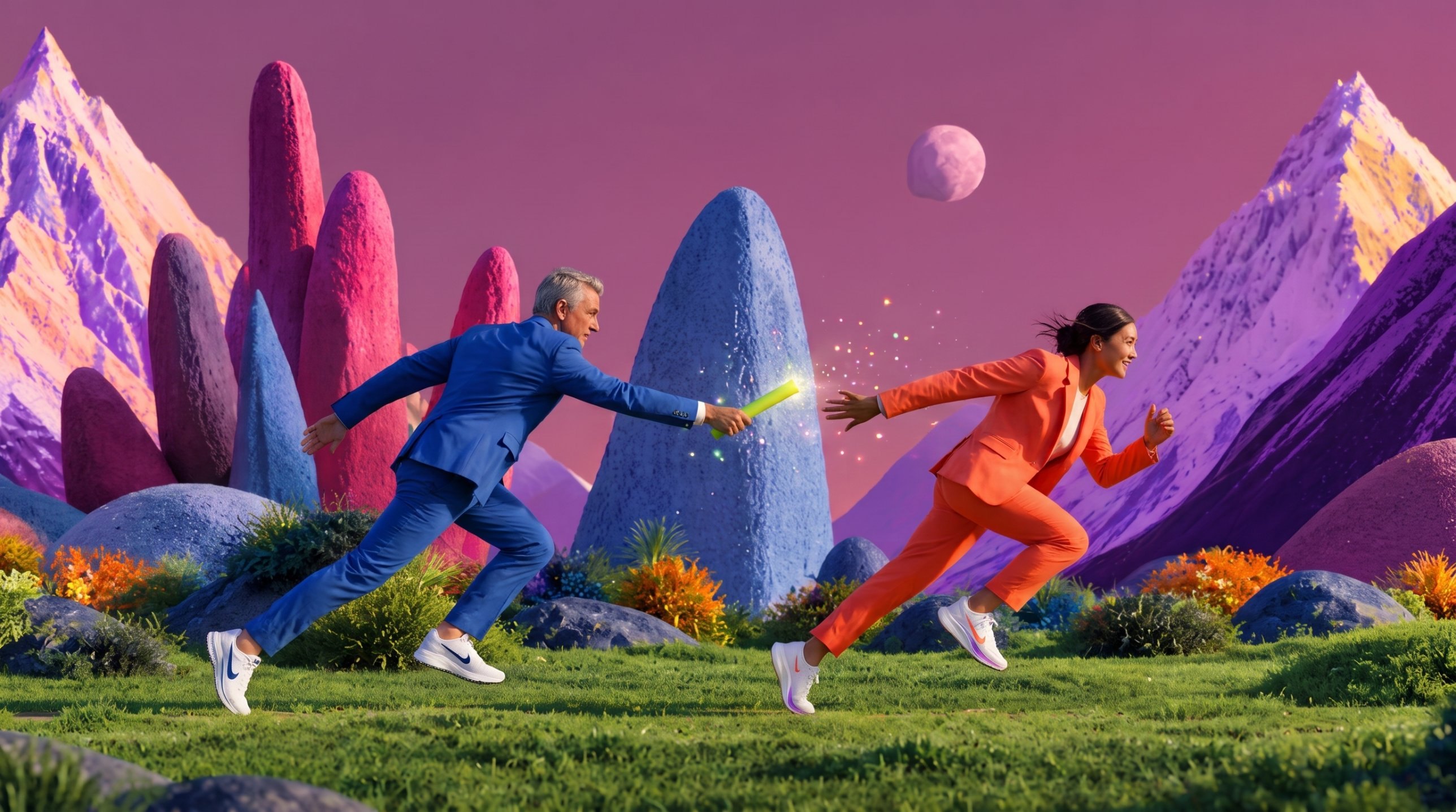 An older runner in a blue suit hands a glowing baton to a younger runner in an orange suit, in a surreal mountain landscape