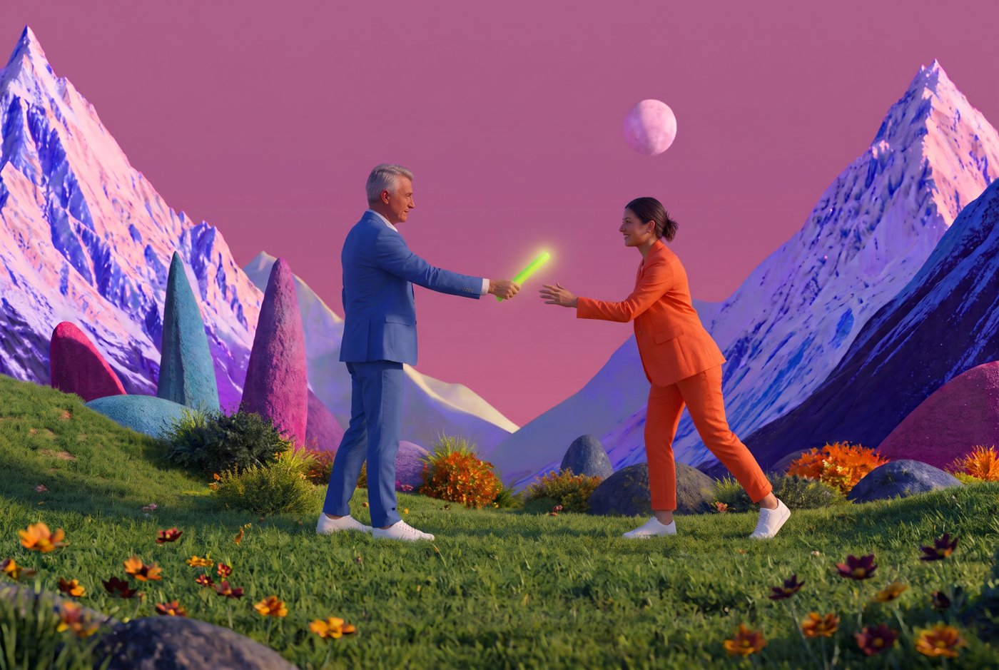 The older man in a blue suit holds out a glowing lime baton to the younger woman in an orange suit, who reaches for it