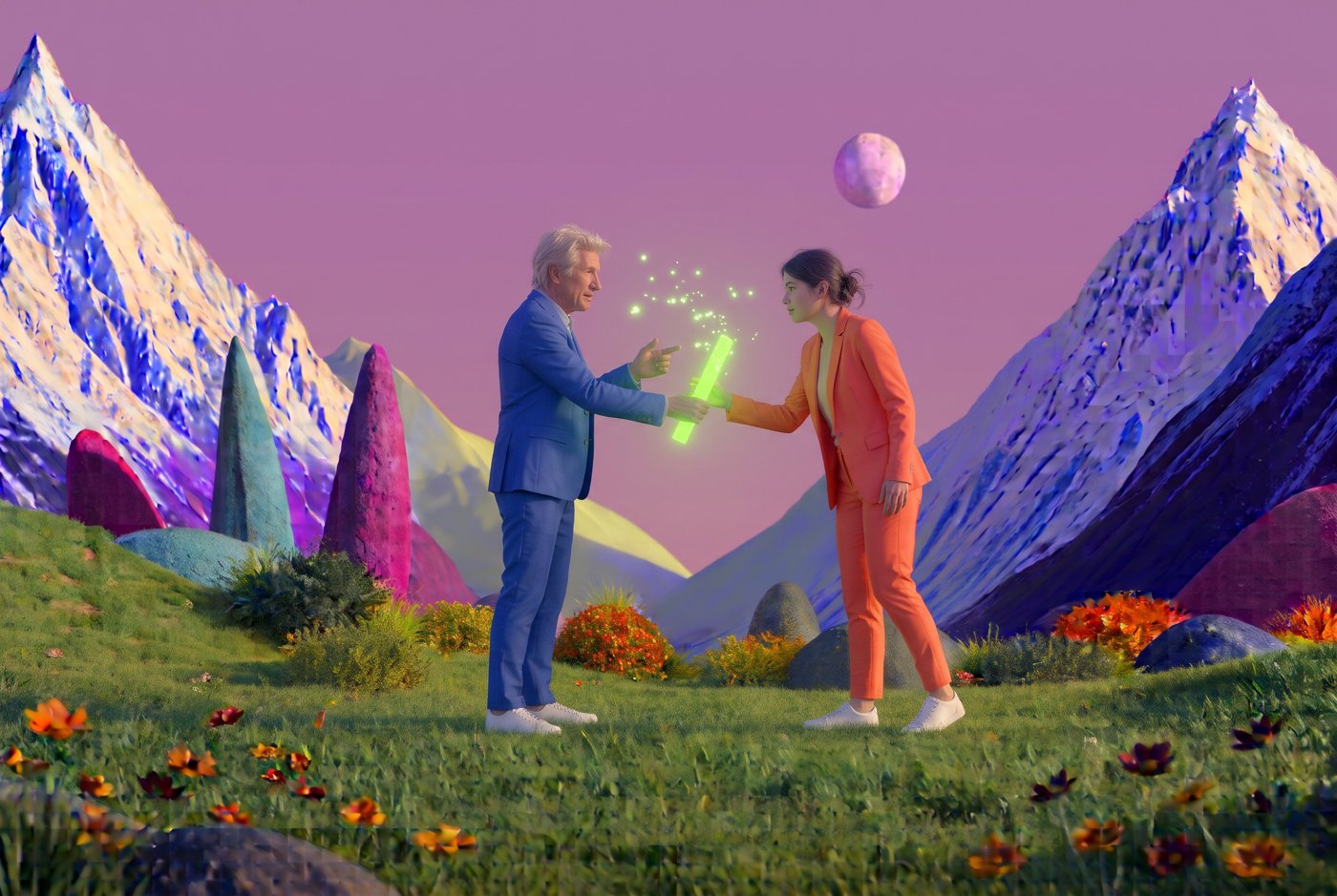 The older man in blue explains while pointing at the glowing baton that he and the younger woman in orange hold together, as she listens closely