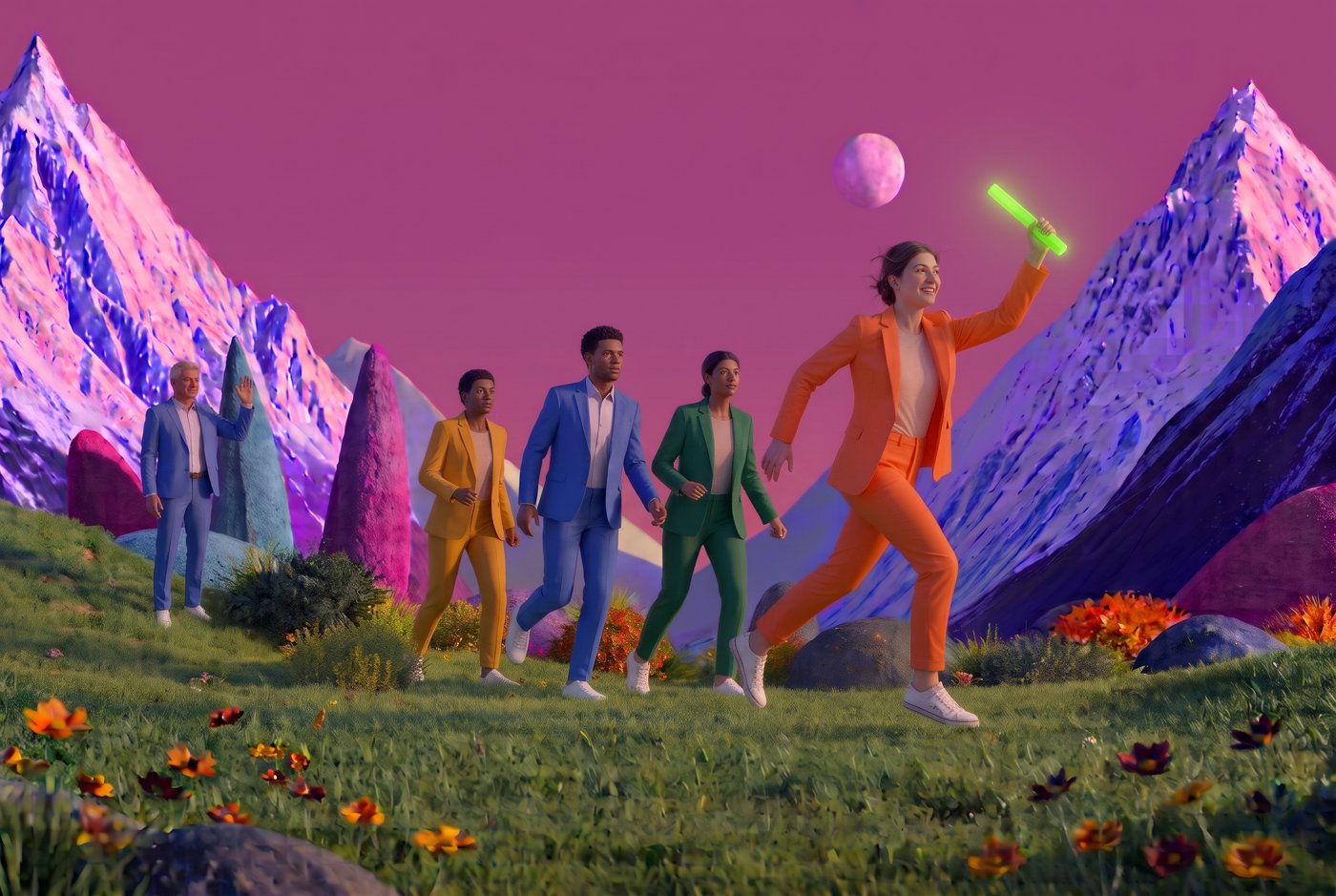 The young woman in orange runs ahead holding the glowing baton high, followed by three new teammates, while the older man waves from the background