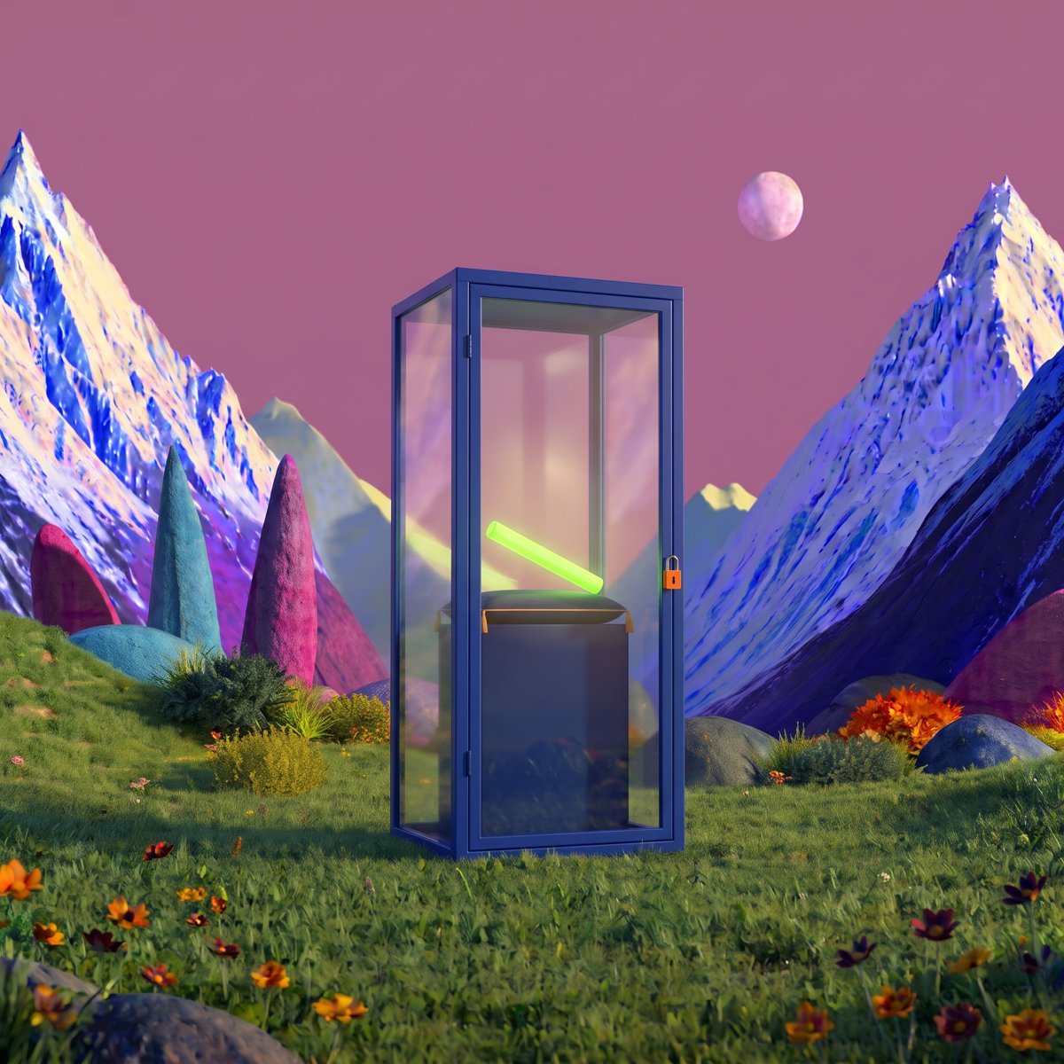 The glowing baton rests inside a locked glass case with a blue frame, standing on the grass in a surreal mountain valley